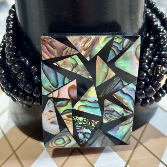 Vtg Stretch Bracelet Glass Beaded multi strand Inlaid Abalone Shell - Picture 2 of 7